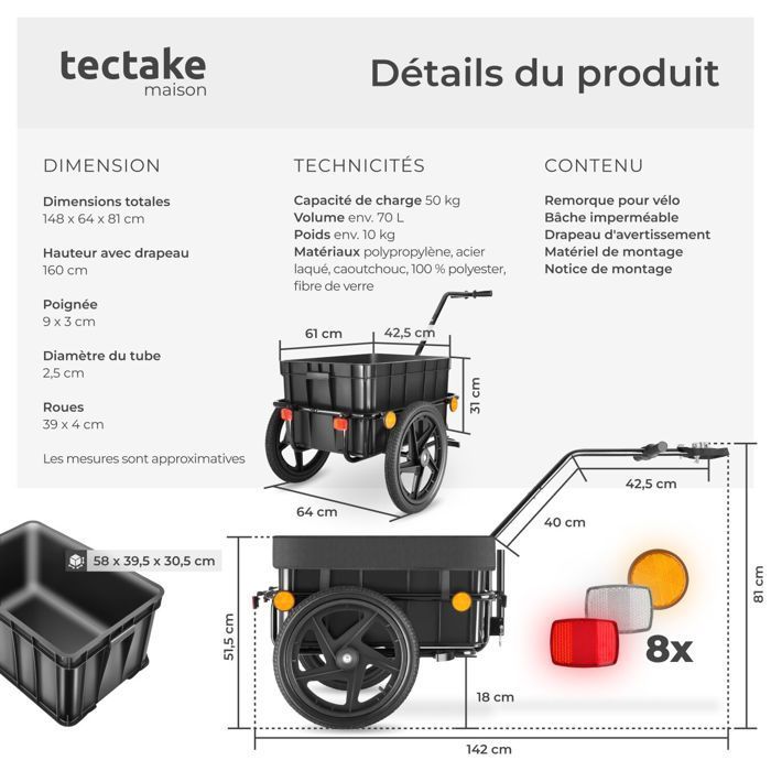 Remorque à vélo - TECTAKE - Remorque Cargoxpress multifonction avec caisson amovible, pneus profilés et roulements à billes