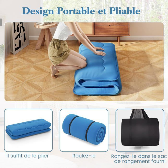 Colchón futón japonés COSTWAY 140x200CM - Cubrecolchón extraíble, colchón plegable para suelo - Hogar, autocaravana, dormitorio - Azul