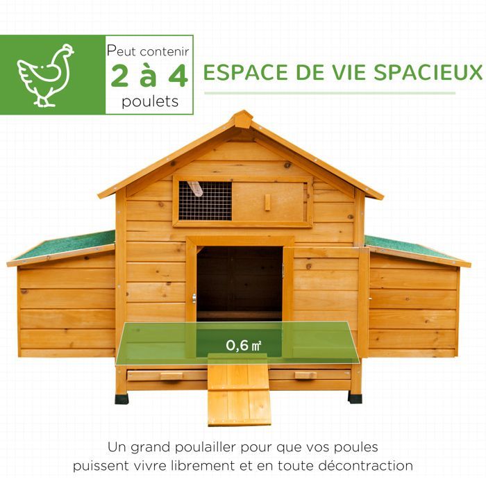 Poulailler - PawHut - pour 4 poules - pondoir, toit imperméable ouvrable, tiroir amovible - bois de sapin - 150x100x96,5cm - jaune