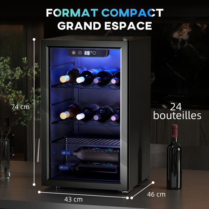 Bodega para vinos - HOMCOM - 24 botellas, 68 L - temperatura regulable 4-16 °C, puerta reversible, pantalla táctil - acero - 43 x 46 x 74 cm - negro