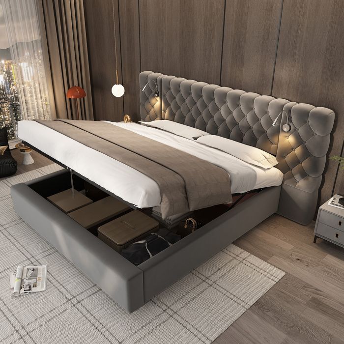 Cama doble tapizada de 160 x 200 cm con iluminación LED y espacio de almacenamiento. Cama con cabecero tapizado y luz de lectura. Terciopelo gris.