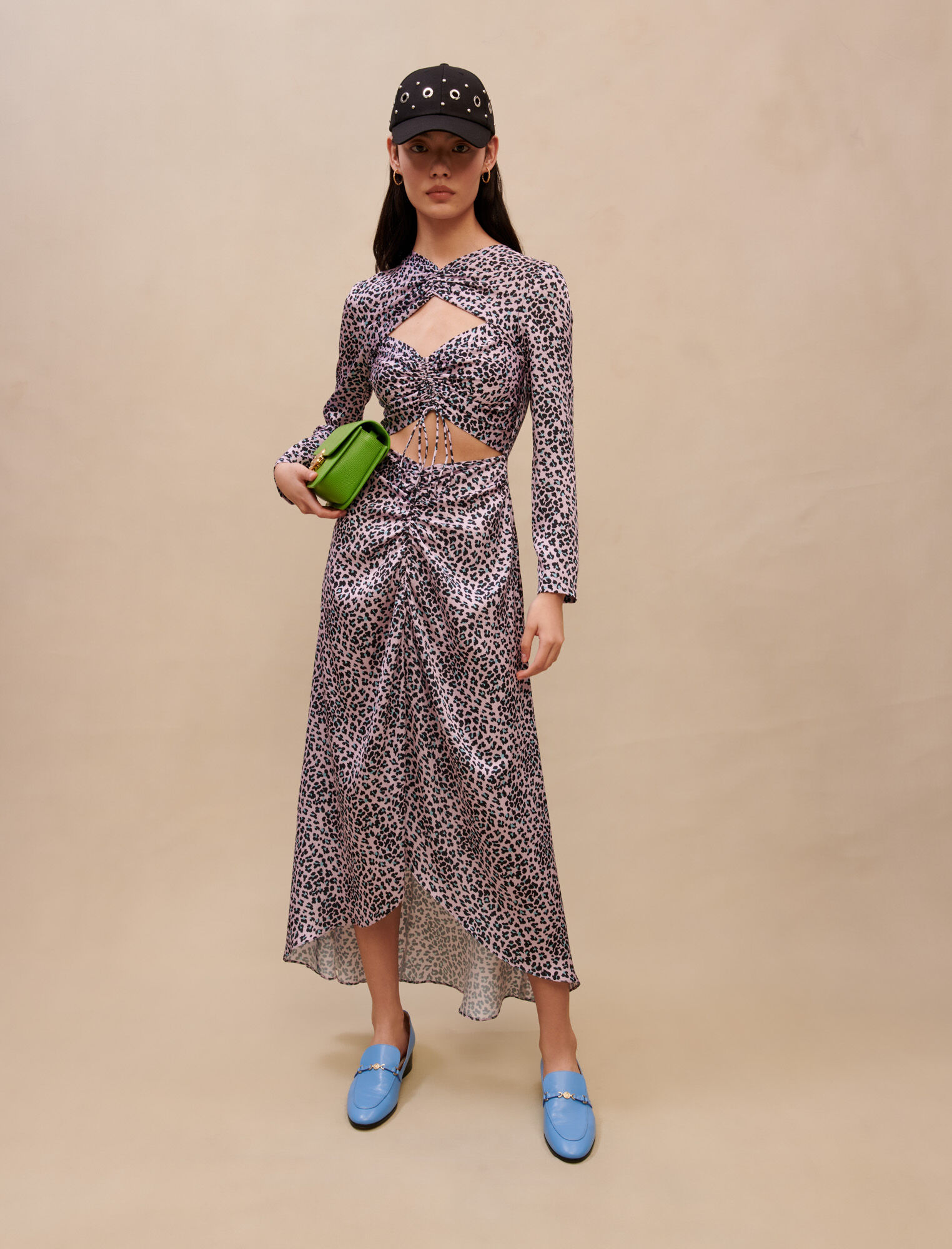 Rochie lungă din satin și broderie - Leopard roz