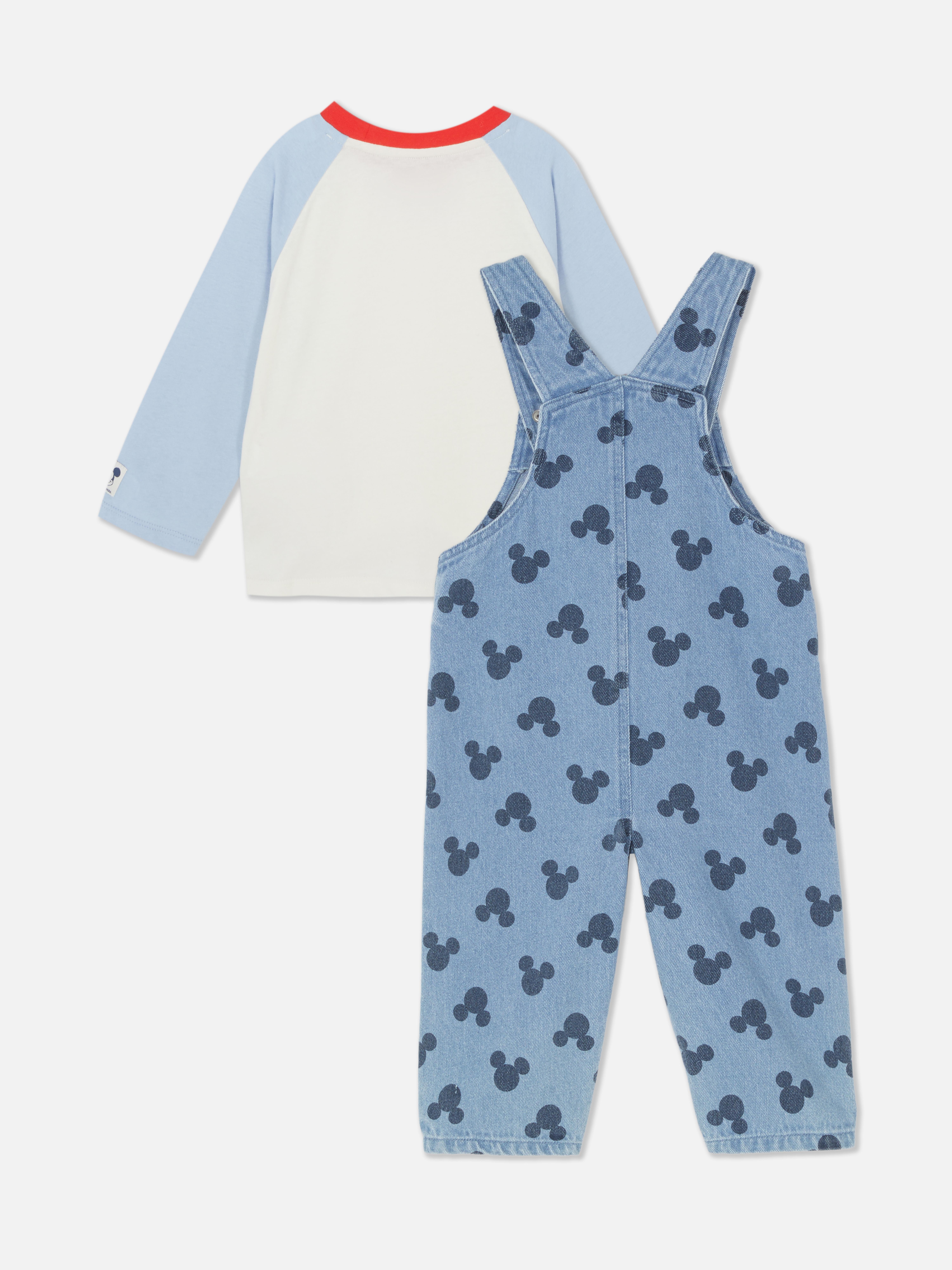 Set Disney Mickey Mouse cu tricou cu mânecă lungă și salopetă din denim