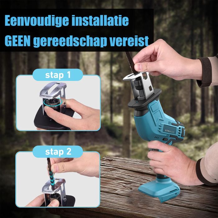 Draadloze reciprozaag, 3500 slagen/min, borstelloze motor, met 2 x 3,0 Ah accu's en lader, voor het zagen van hout.