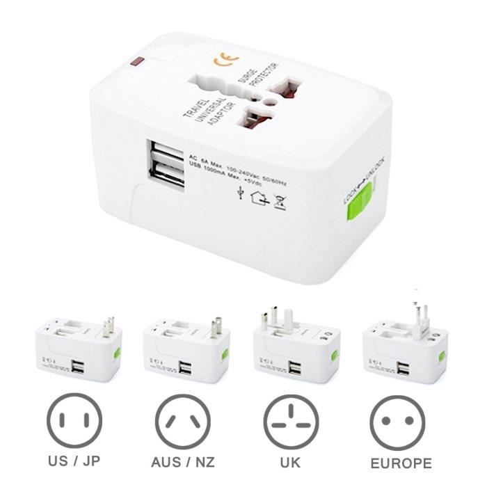Adaptador de viaje - ZISONIX - Universal - 2 puertos USB - Compatible con 150 países - EE. UU./UE/Reino Unido/Australia