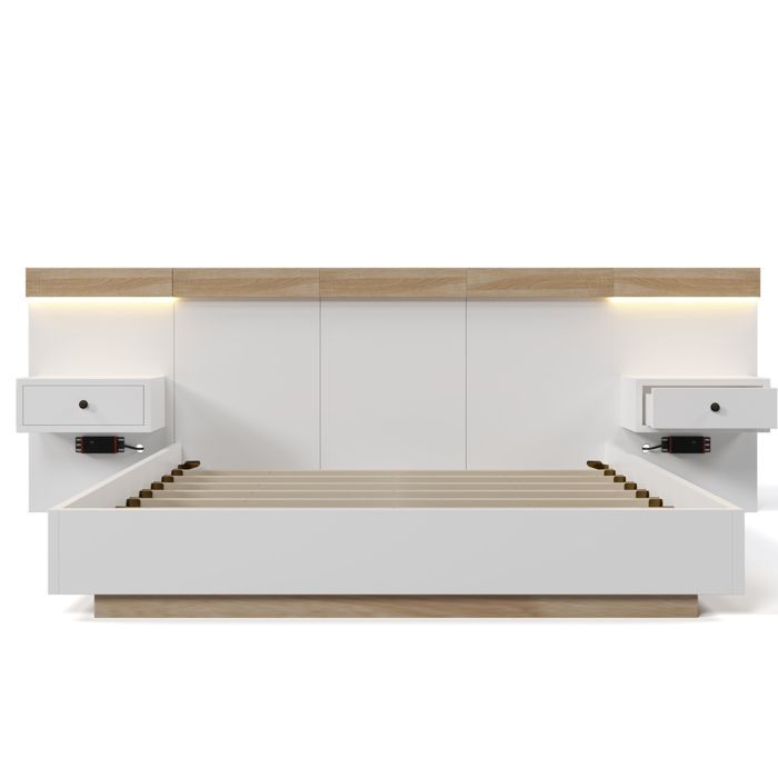 MODFU Lit double lit adulte 160x200 cm avec 2 tables de chevet LED et interface USB-C, bois, blanc et chêne, sans matelas