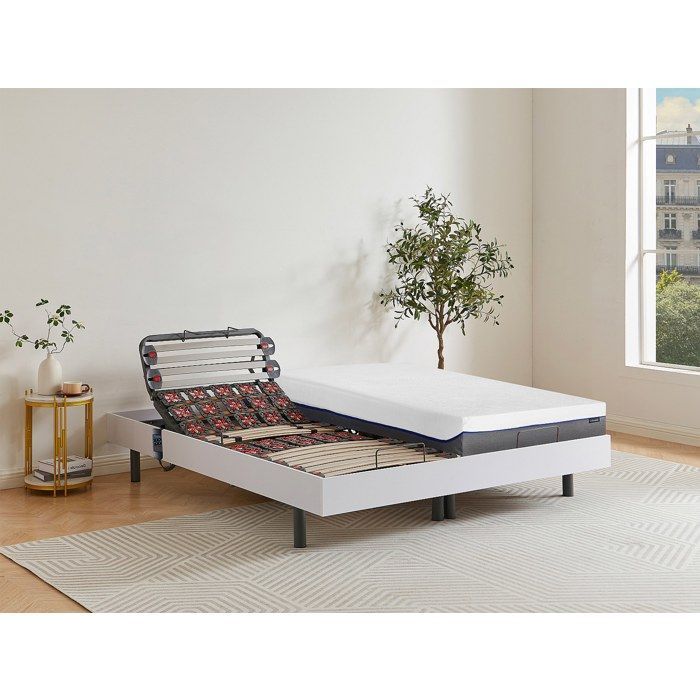 Cama eléctrica de relajación con somier de láminas y muelles + colchón de espuma viscoelástica - 2 x 80 x 200 cm - Blanca - DIONYSOS by YSMÉE