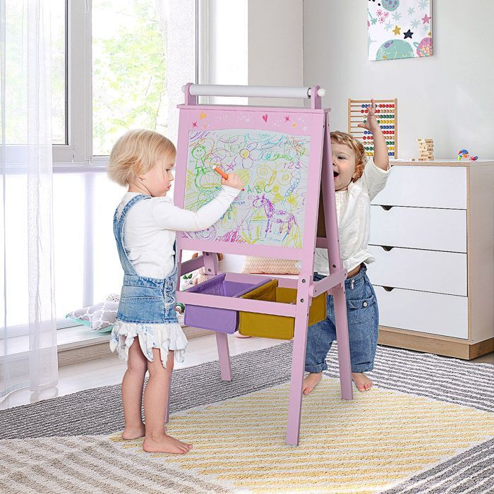 Children's Easel - HOMCOM - 3-in-1 Double-Sided Chalkboard Easel with White Chalk and Paper Roll - MDF - Pink