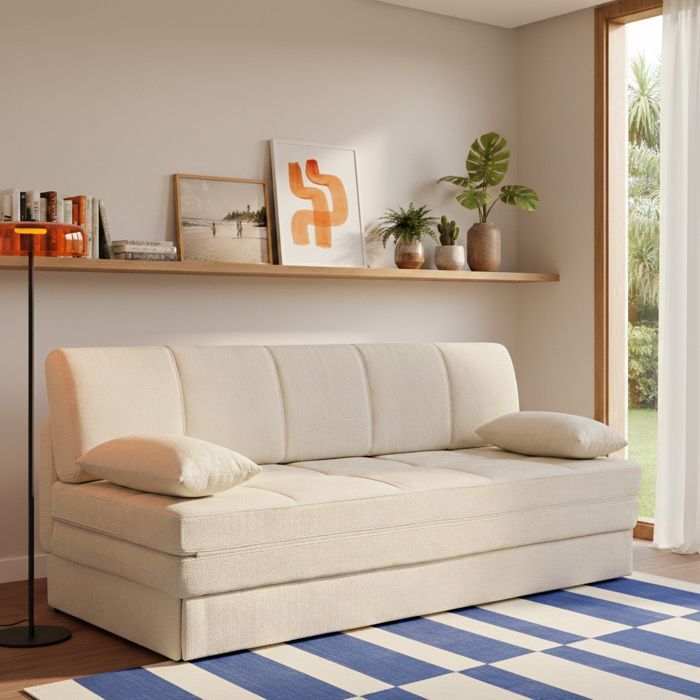 Sofá convertible de 3 plazas LUMA en tejido de chenilla beige.