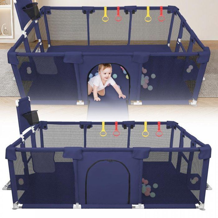 Parque infantil XUANYU, parque infantil modular plegable XXL con barreras/redes/pelota de playa/4 asas - Azul