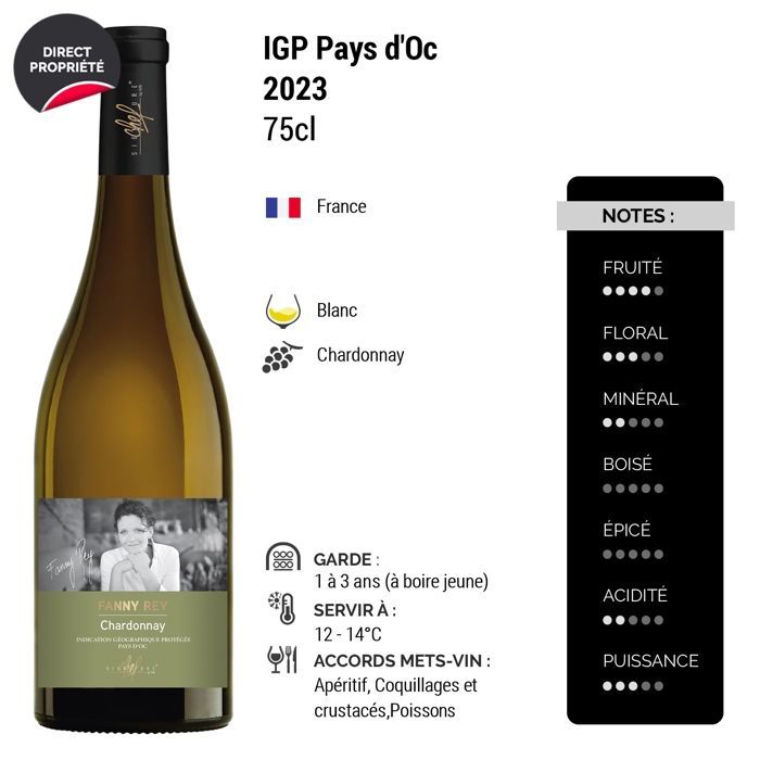 Signature Chef  Pays d'Oc FANNY REY Chardonnay 2023 - Vin Blanc du Languedoc - Roussillon (3x75cl) HVE