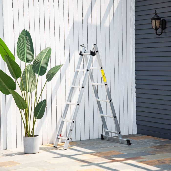 Escalera - HOMCOM - multifuncional de aluminio de 2,5 m - plegable y portátil - patas antideslizantes - carga máxima 150 kg - plateada