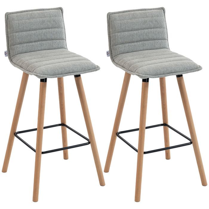 Juego de 2 taburetes de bar - HOMCOM - asiento, respaldo y reposapiés acolchados - tejido con aspecto de lino - 48 x 48 x 99,5 cm - gris