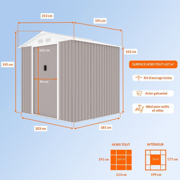 Abri de jardin en métal 4,07 m² - 213 x 191 x 195 cm - MARS -Kit d'ancrage inclus, 2 portes coulissantes - Taupe
