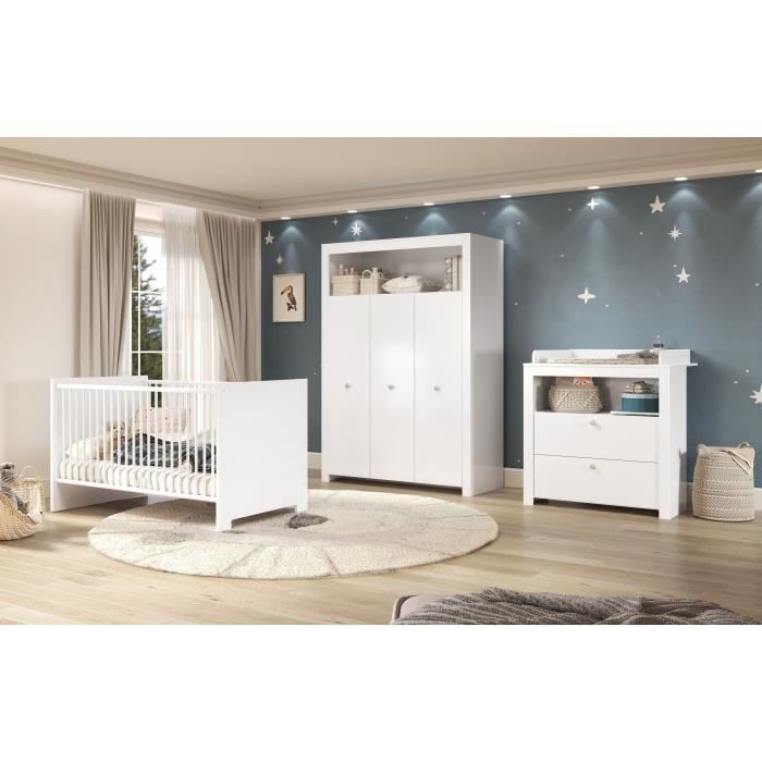 Conjunto de tres piezas para habitación infantil: cuna de 70 x 140 cm + cambiador + armario OLIVIA - Blanco - TREND TEAM