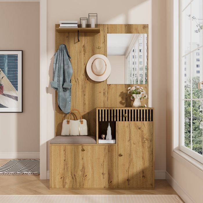 Garderoben-Set für den Eingangsbereich 110 x 37 x 185,5 cm – mit Spiegel und Haken – Schuhschrank und Schuhbank – Natur