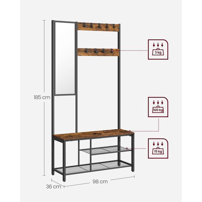 VASAGLE Hallway Furniture, Coat Rack, with Hooks, Mirror, Shoe Bench and Shelves, 36 x 98 x 185 cm, Brown and Black