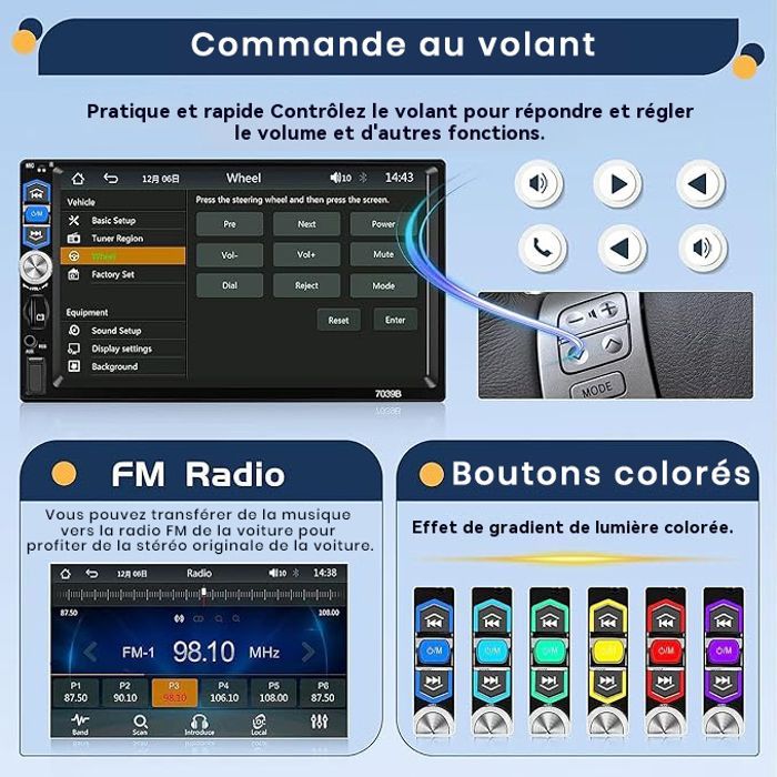 Radio para coche Podofo 1 DIN de 7 pulgadas con Bluetooth, Android Auto, CarPlay inalámbrico, enlace con espejo retrovisor, USB, controles en el volante, ranura para tarjeta TF y cámara de visión trasera.