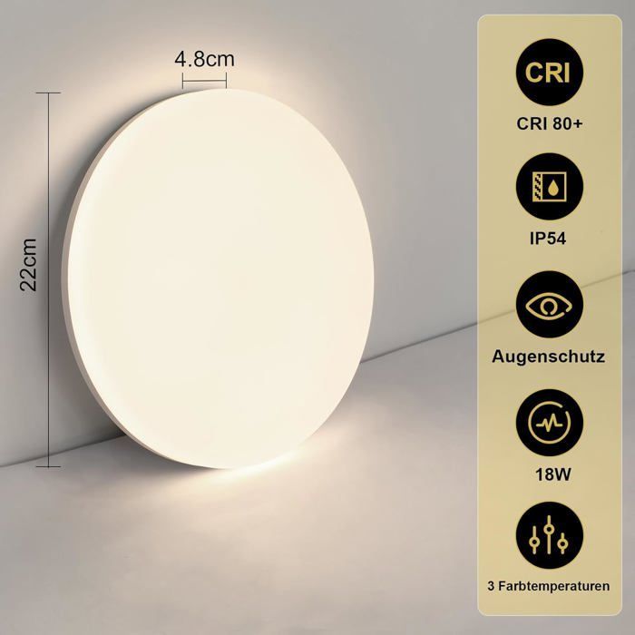 Lámpara de techo LED plana regulable Homefire, blanca, 18 W, 6000 K, con mando a distancia, IP54, redonda, para cocina, habitación infantil, baño, 22 cm