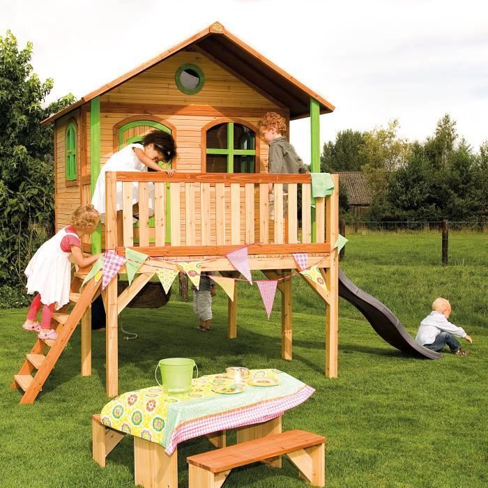 Casita de juegos infantil con tobogán - AXI - Sophie - Madera maciza - Gris - Para uso exterior