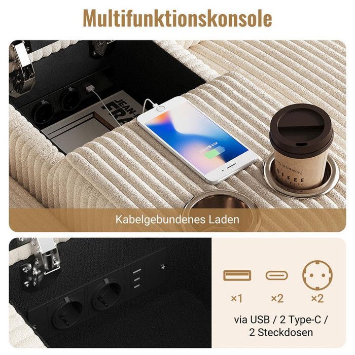 Sofá em formato de U - CDISPLAY - Bege - Sofá em veludo cotelê com 2 apoios para os pés e portas USB-C