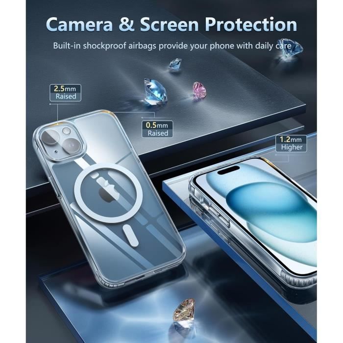 Coque hybride - MagSafe - iPhone 14 Plus - Transparent - 2 Verres Trempés - Protection Caméra Arrière