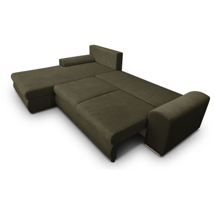 Canapé d'angle convertible - 5 places - INDIAN - Tissu velours côtelé Vert kaki - Coffre de rangement - 289 x 94/188 x 88 cm
