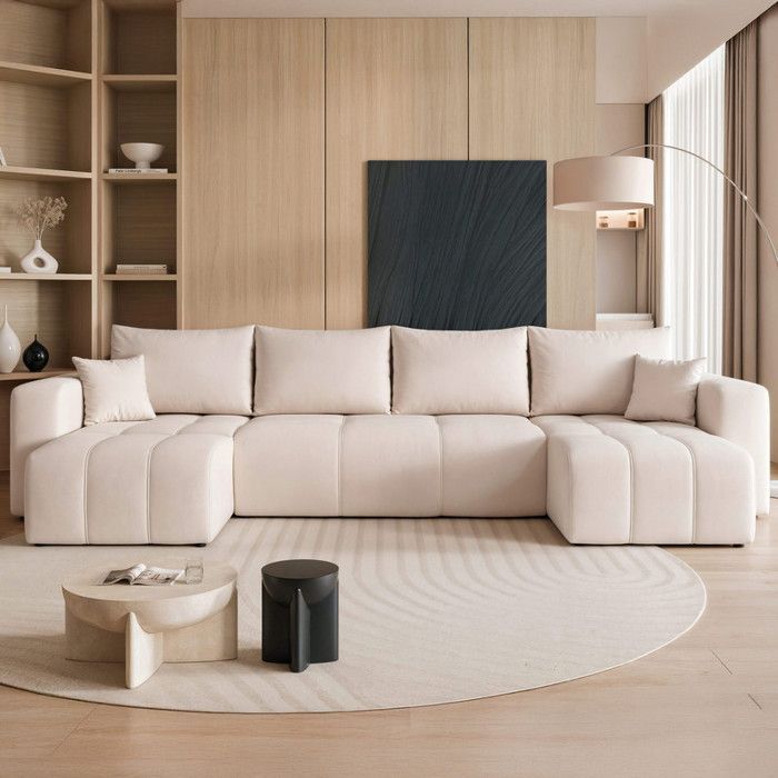 Divano angolare panoramico a 7 posti PEDRO IDOHOME in velluto color crema, trasformabile con contenitore