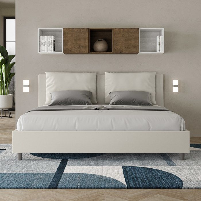 Letto matrimoniale king size - Ityhome - Antea - 200x210 cm - Ecopelle bianca - Rete a doghe inclusa