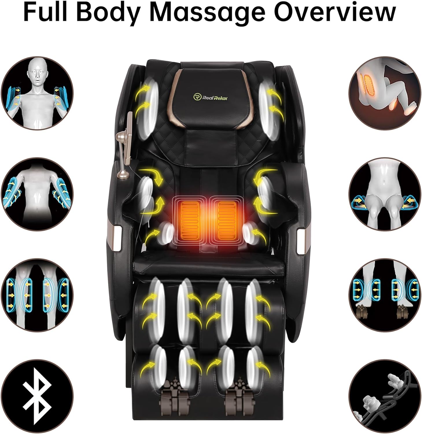 Real Relax 2024 massagestoel met dubbele S-rail, massagestoel voor het hele lichaam, zero-gravity-functie met app-bediening, zwart en grijs
