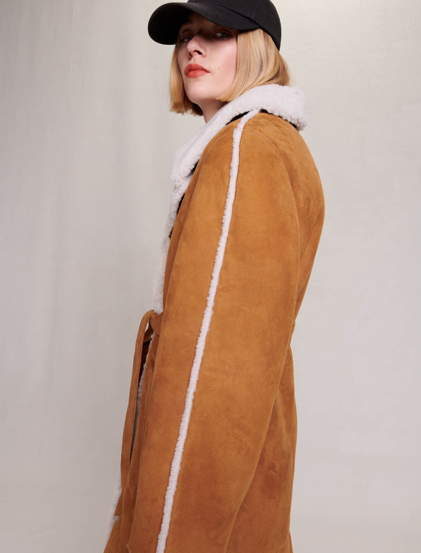 Palton lung din shearling - Camel
