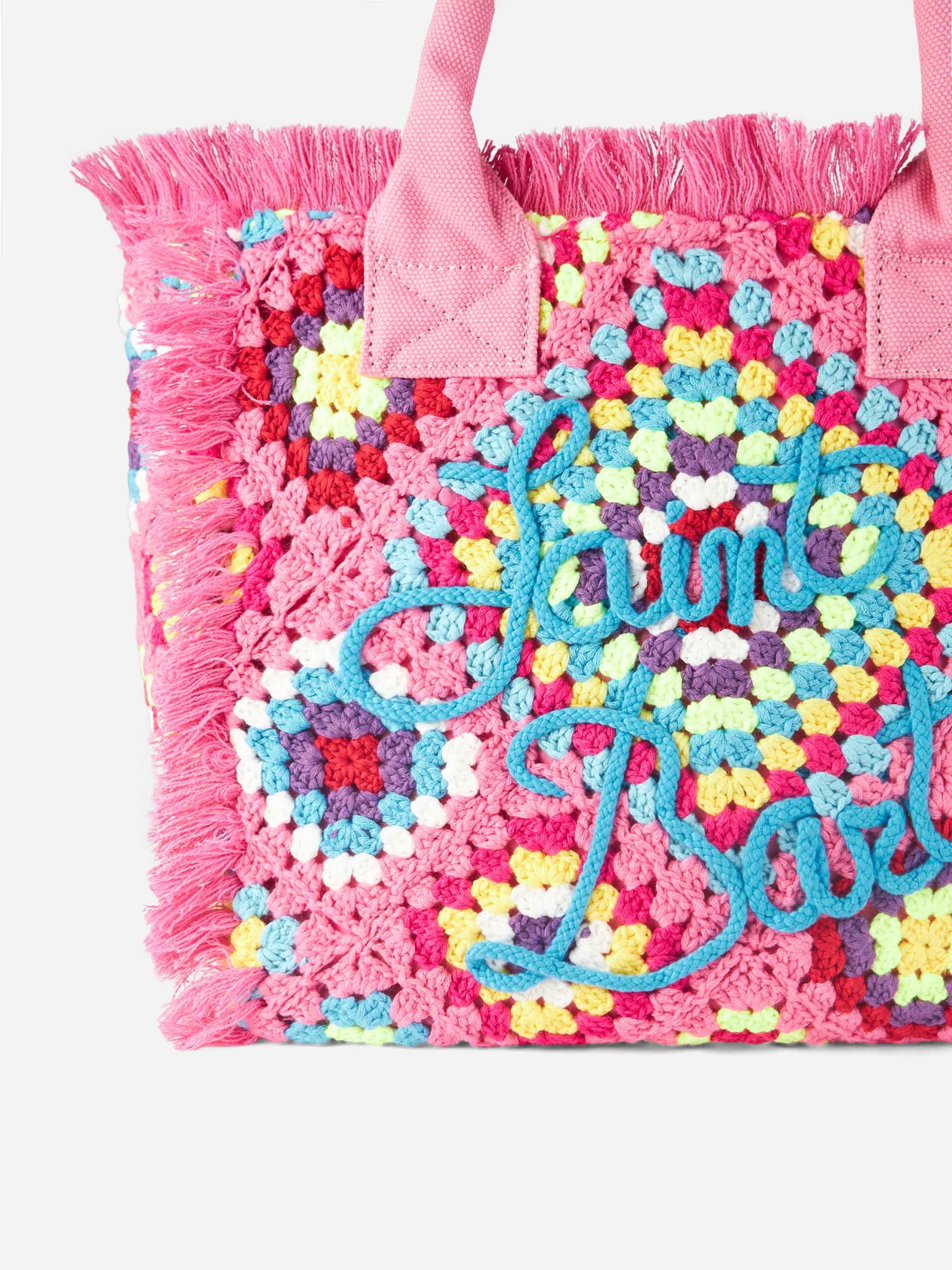 Multicolor Crochet Shoulder Bag with Fringes & Embroidered Saint Barth Logo | MC2 Saint Barth