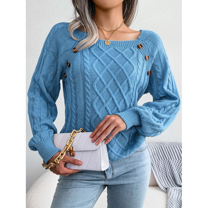 Pull Femme en Tricot Manches Longues Col Carré Pullover Lâche Torsadée Avec Boutons Couleur Unie Automne Hiver - Taille EU - Bleu