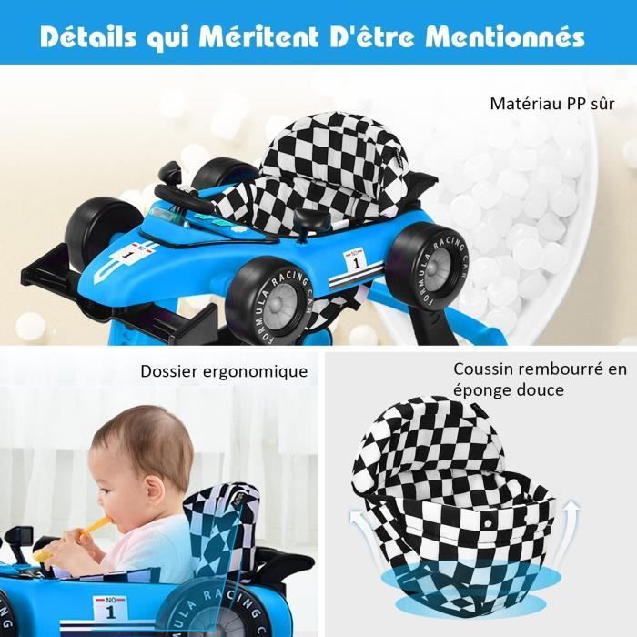 DREAMADE 3-in-1 converteerbare loopstoel voor baby's, opvouwbaar met verstelbare hoogte, muziek en lichtjes, autovorm, voor 6-18 maanden, blauw