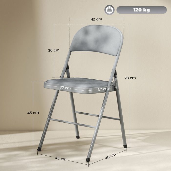 Lot de 4 chaises pliantes et portables intérieur avec assises et dossiers rembourrés en velours, cadre en acier, gris clair