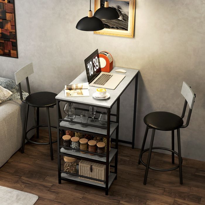 Mesa de bar con 2 taburetes - HOMCOM - estantes de almacenamiento - para comedor, cocina - gris y negro
