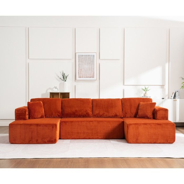 Canapé panoramique d'angle en U,4 places,Canapé modulable,accoudoirs,Velours côtelé,Étui à ressort + mousse haute résilience,Orange