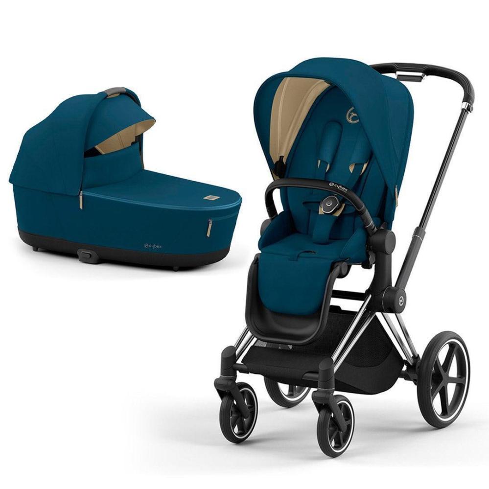 Σετ καροτσιού Cybex Priam V4 σε μπλε χρώμα, σκελετός χρωμιωμένος μαύρος