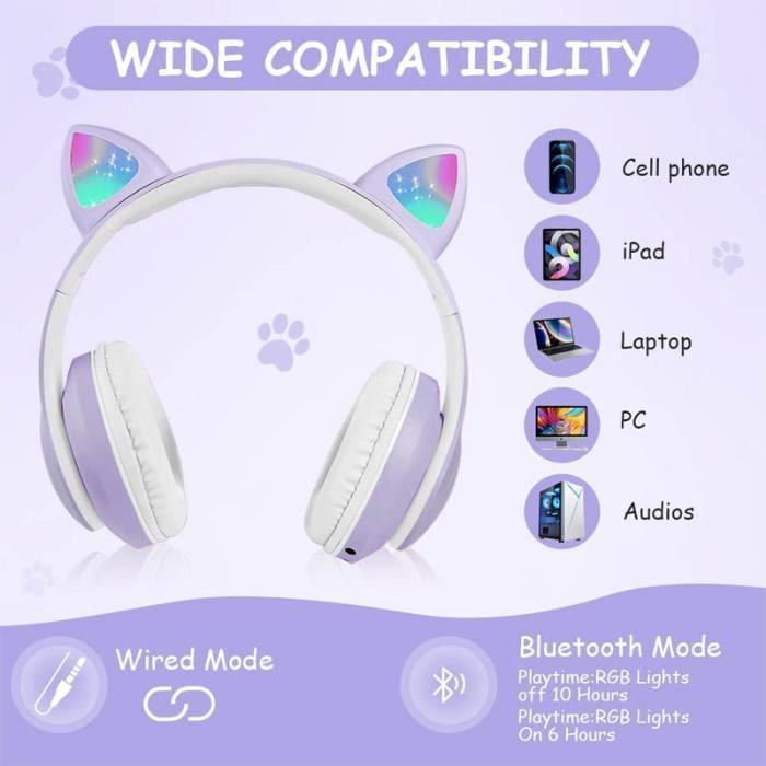 Auriculares infantiles - FOLAYA - Bluetooth 5.0 - Limitador de volumen de 105 dB - Micrófono incorporado - Plegables con LED