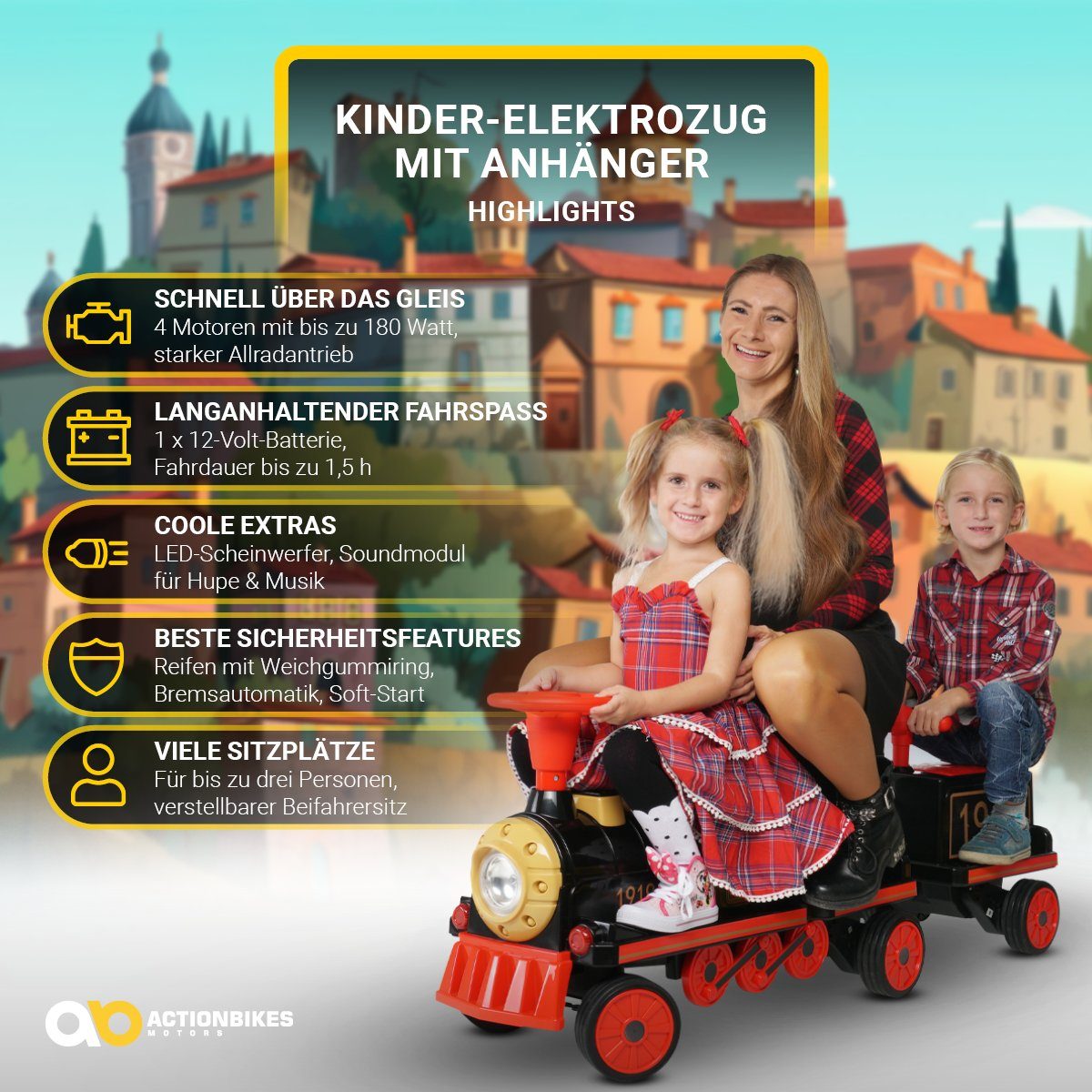 Carrinho elétrico infantil Actionbikes Motors, trenzinho elétrico infantil com reboque, capacidade de carga 60 kg (2 unidades), 3 lugares - buzina e música - partida suave - 2 motores de 12 V