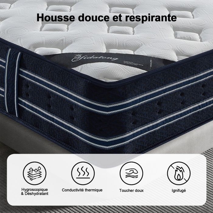 Matelas 140 x 190 Mémoire de Forme Premium, Ép 28 cm, Fermeté Moyenne, Hybride Mousse & Ressorts Ensachés, 8 Zones Ergonomique