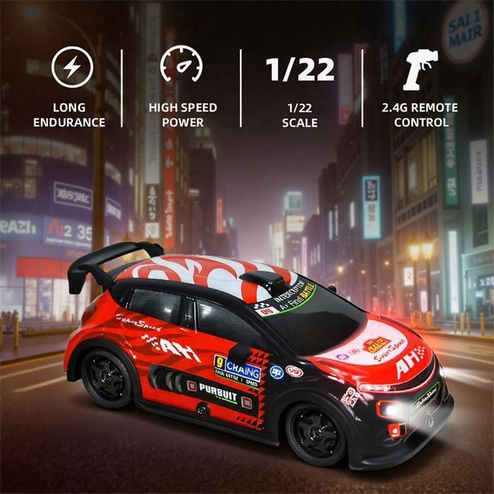 Voiture radiocommandée - LANGTU - 1:22 Mini RC Drift Car - 4WD - LED 7 couleurs - Pneus remplaçables (rouge)