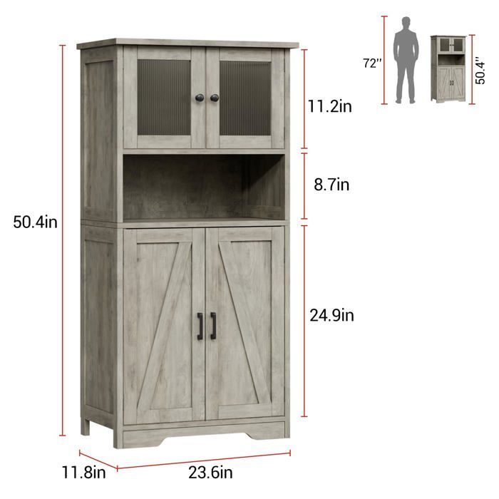 Mueble de almacenamiento de cocina - LUNSY - 4 compartimentos - Puertas de cristal esmerilado - Estantes ajustables