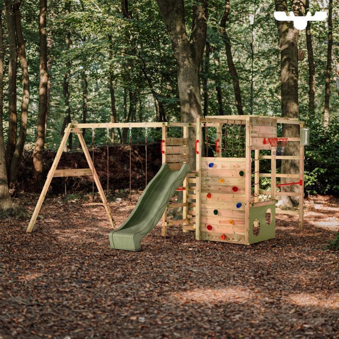 Estructura de juegos de madera verde FATMOOSE ActionArena Air XXL con tobogán, rocódromo y aro de baloncesto – 10 años de garantía*