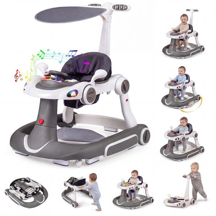 Andador convertible para bebé COSTWAY 7 en 1 - Altura y velocidad ajustables - Luces y música - Asiento extraíble y antivuelco - Gris y blanco
