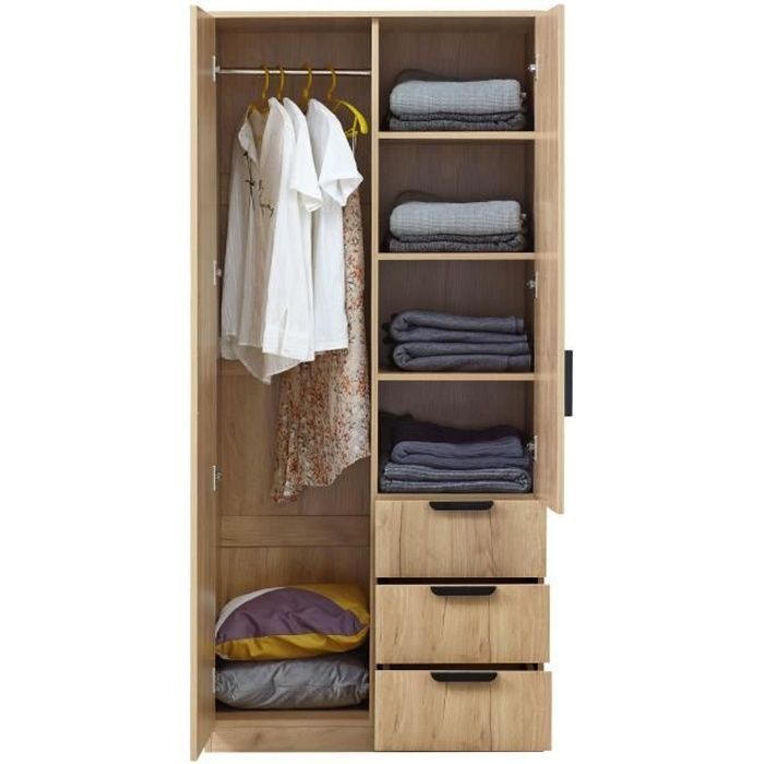 Armoire de chambre Eiselfing 1 penderie 4 étagères 3 tiroirs MDF 176 x 80 x 52 cm effet chêne