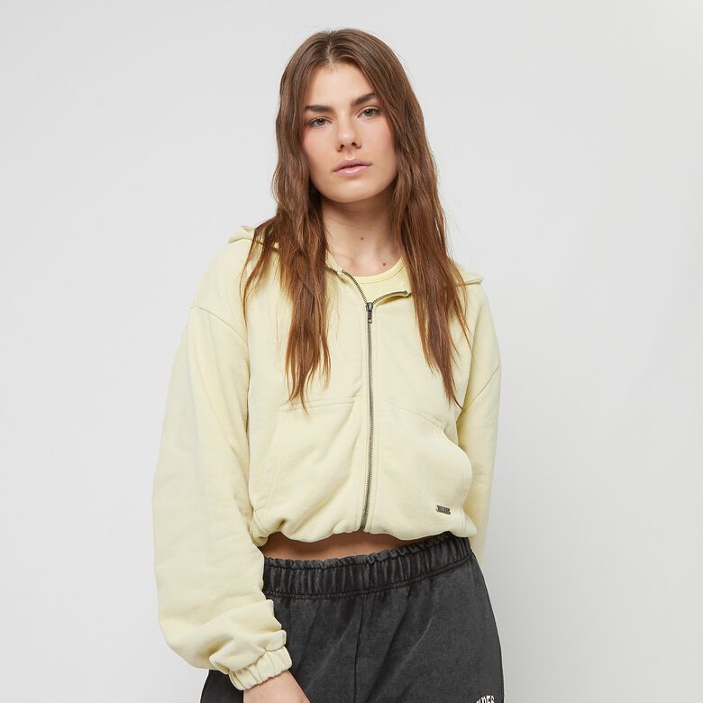 Moletom cropped oversized com zíper e logo grande em estilo gótico inglês.