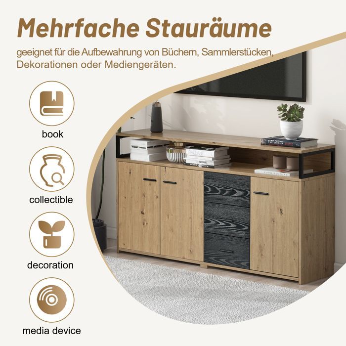 Buffet industriel 3 portes 3 tiroirs-Commode Armoire de cuisine-Buffet haut avec poignées métalliques-150x35x75.9cm Noir+Bois