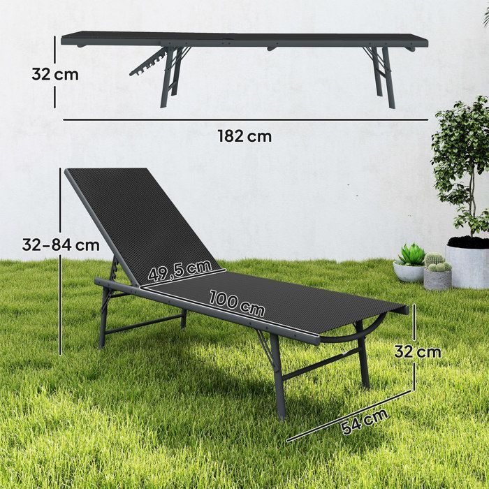 Juego de 2 tumbonas plegables y reclinables Outsunny de textilene, perfectas para relajarse en la playa o de camping - 54 x 164 x 84 cm - negro