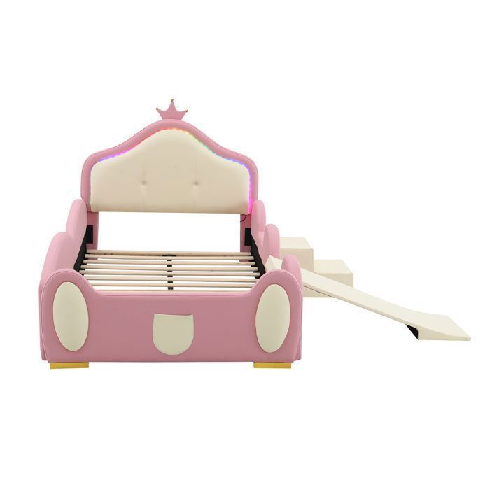 Lit Enfant - MERAX - Couronne Cartoon - 90x200cm - Bande LED Multimode - Toboggan et Escaliers